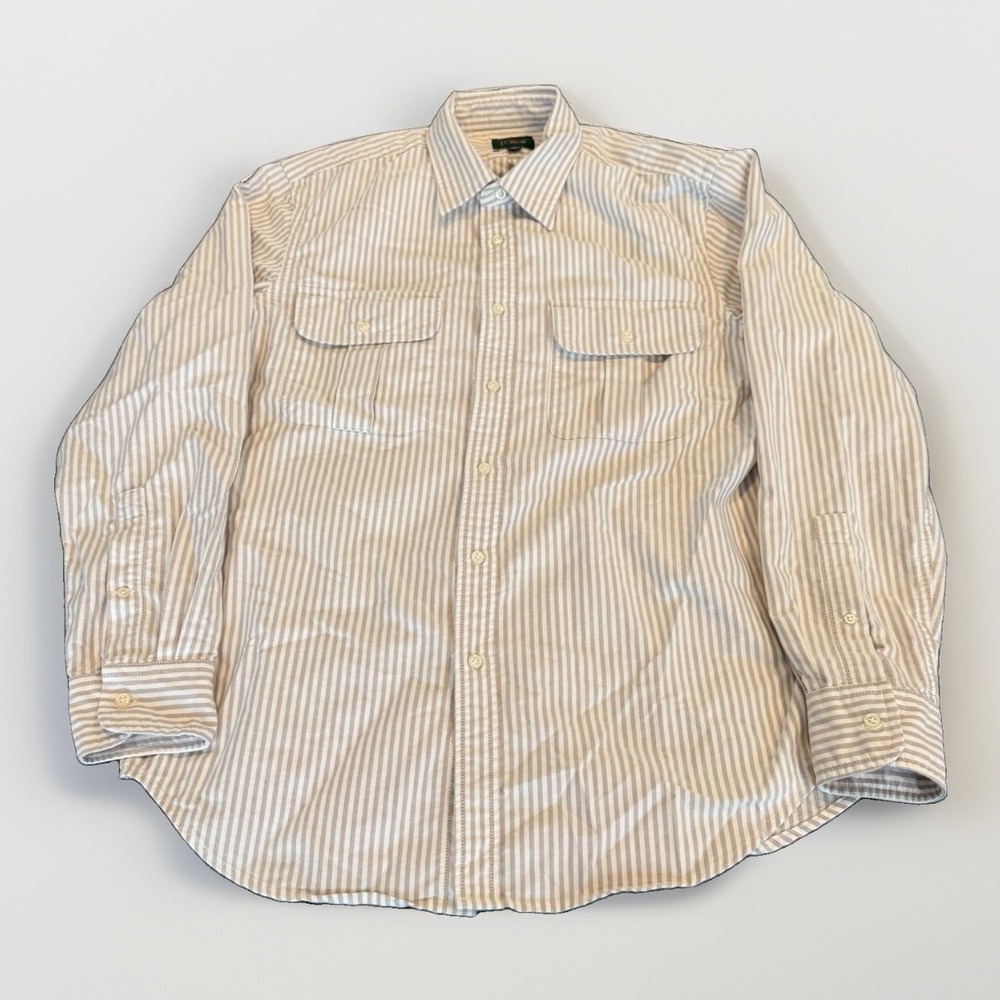 J.Crew Oarsman Mens M Striped Button Down Beige And White